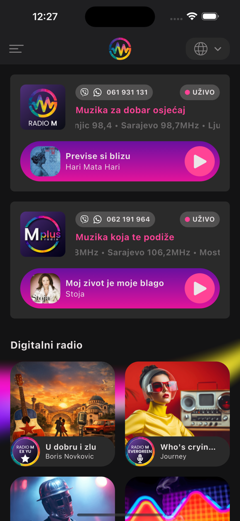 Radio M - Radio M app interface showing live streaming stations and digital radio channels