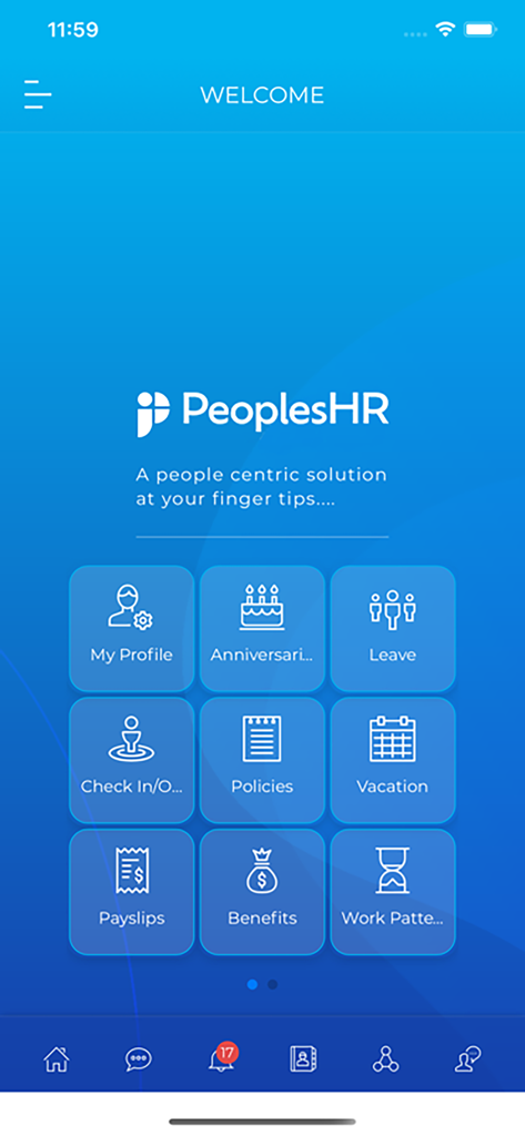 PeoplesHR Mobile - PeoplesHR Mobile welcome screen displaying a grid of HR functions including leave management, payslips, and check-in options.