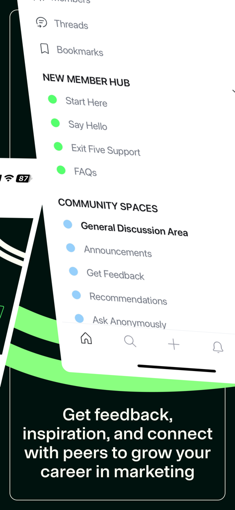 Exit Five - Exit Five app interface displaying community spaces and new member resources for B2B marketers