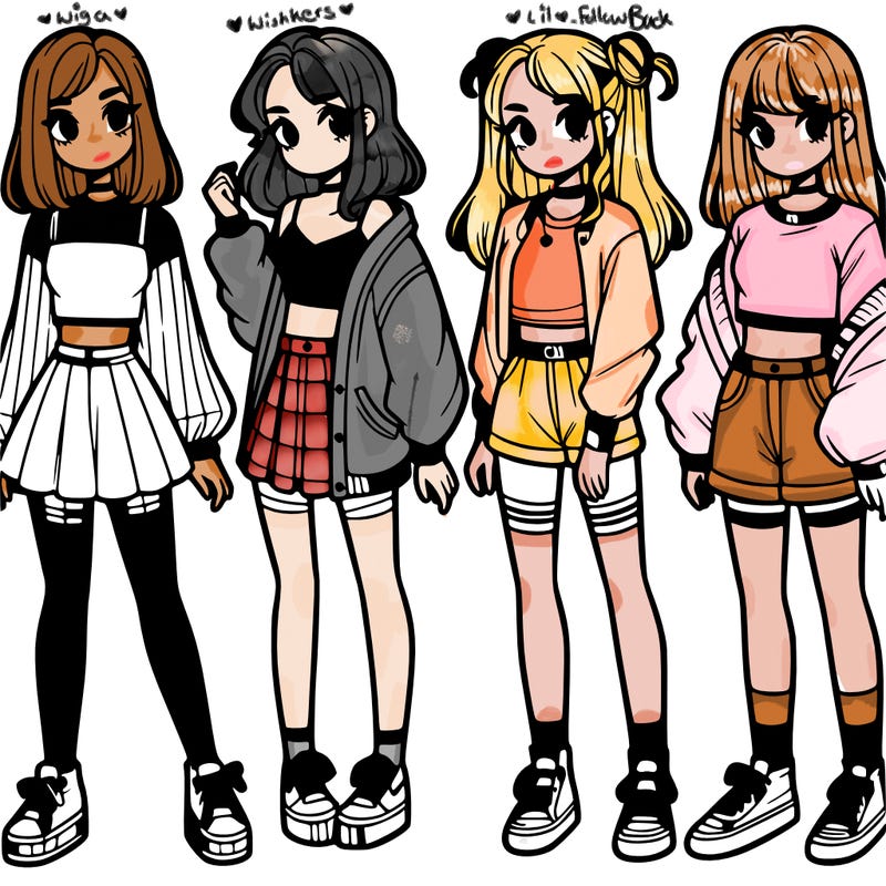 one girl with crop-top shirt and a jacket with a skirt, long socks and another girl with a shirt and pants with a jacket