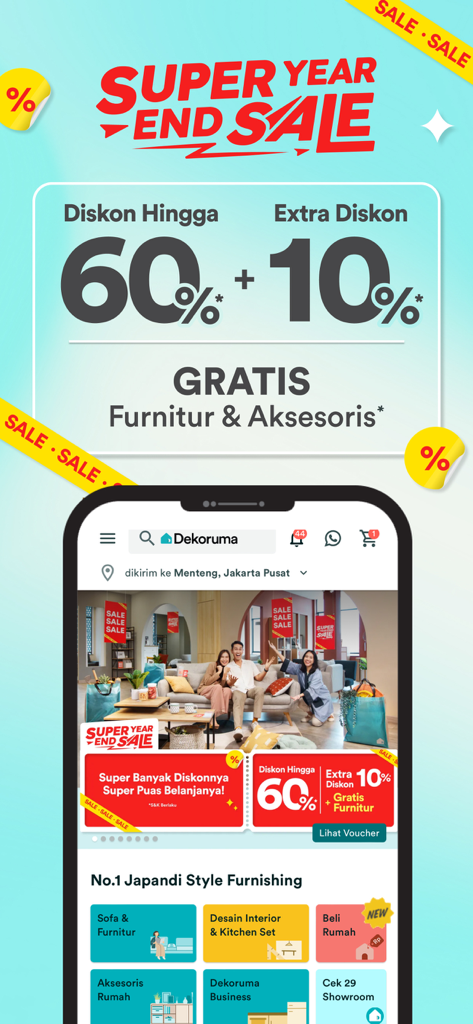 Dekoruma mobile app screenshot showing a year end sale with discounts up to 60 percent on Japandi style furniture and interior design services
