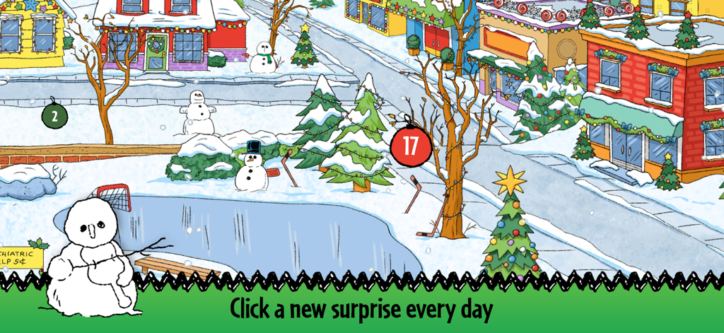 A festive winter neighborhood in the Peanuts Advent Calendar 2025 app with snowmen and clickable ornaments