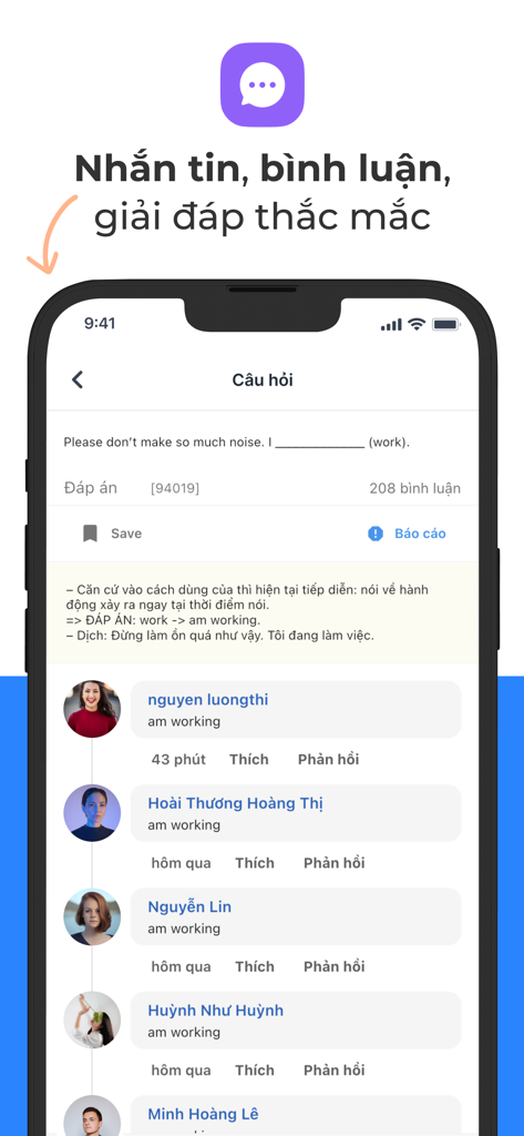 Moon.vn - App học online! - A mobile app screen showing a community discussion and Q&A section for a study question on Moon.vn.