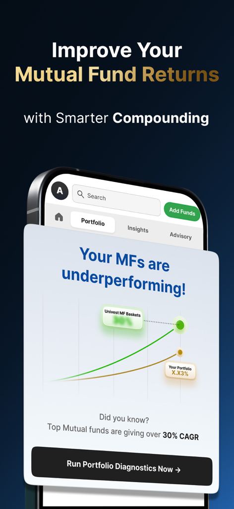 Interface do aplicativo Univest mostrando uma ferramenta de diagnóstico de portfólio de fundos mútuos com um gráfico de comparação de desempenho