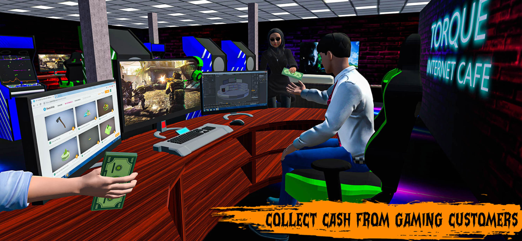 Internet Cyber Cafe Simulator - El propietario de una cafetería de juegos cobrando dinero a los clientes en un juego de simulación de negocios.