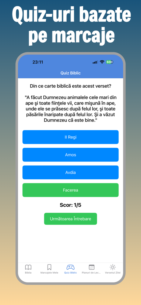 Biblia Ortodoxă în Română - Interfaz de la aplicación Biblia Ortodoxa Rumana mostrando un concurso de las escrituras con una pregunta de opción múltiple en rumano.