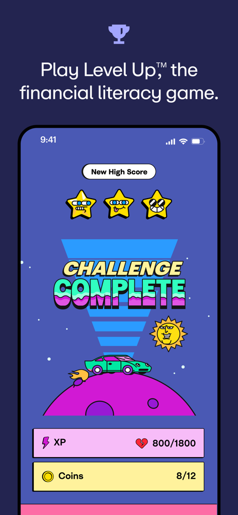 Greenlight Kids & Teen Banking - Greenlight Level Up financial literacy game screen showing a completed challenge with stars and points