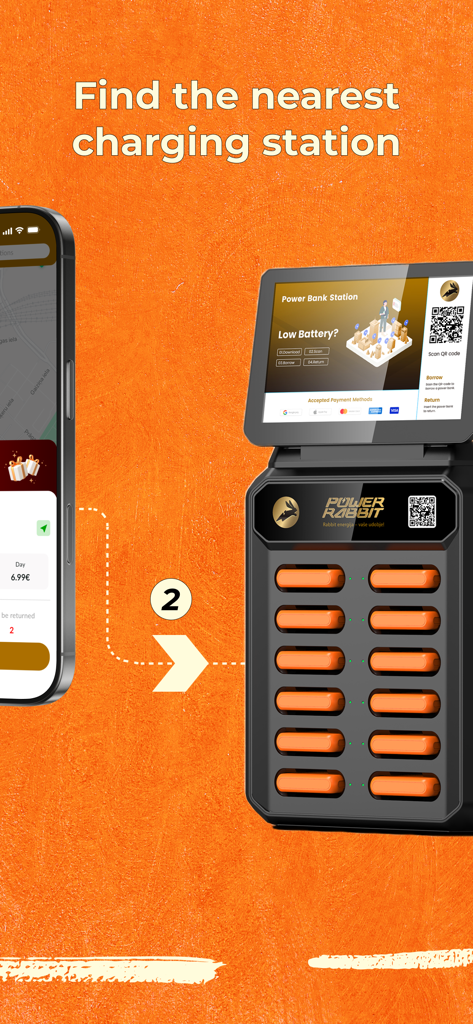 PowerRabbit: powerbank sharing - PowerRabbitモバイルバッテリーレンタルステーションといくつかの充電ユニットの隣にあるスマートフォンアプリのインターフェース