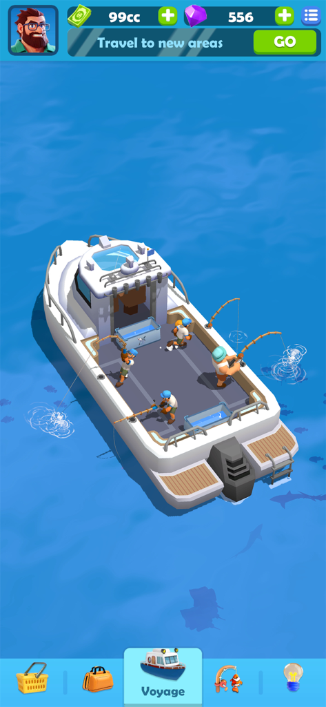 Fishing Frenzy:Idle Hooked Inc - Un barco pesquero blanco con cuatro pescadores en un mar azul en Fishing Frenzy