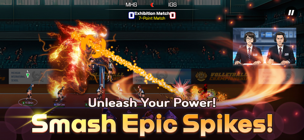 Volley Girls:High School Story - A fiery volleyball spike during a match in Volley Girls High School Story