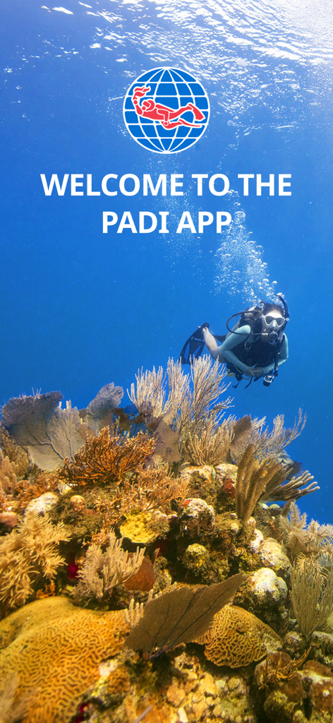 Welcome screen of the PADI app featuring a scuba diver exploring a vibrant coral reef