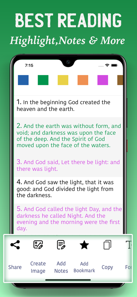 Biblia de Jerusalén Católica - Catholic Jerusalem Bible app interface showing scripture verses with highlighting colors and study tools like notes and bookmarks