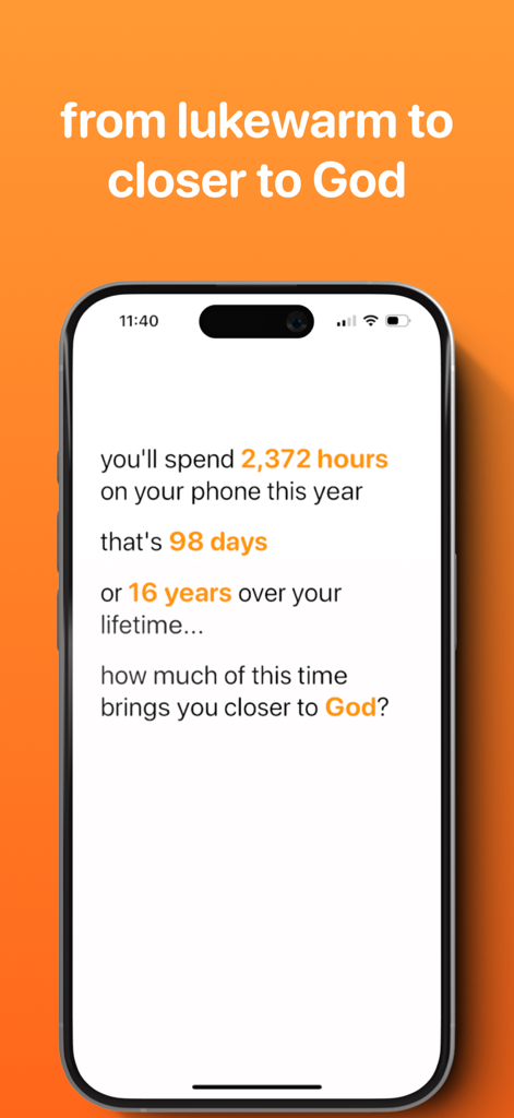 A phone screen from the Prayer Lock app showing statistics about annual phone usage and a prompt about spiritual focus.