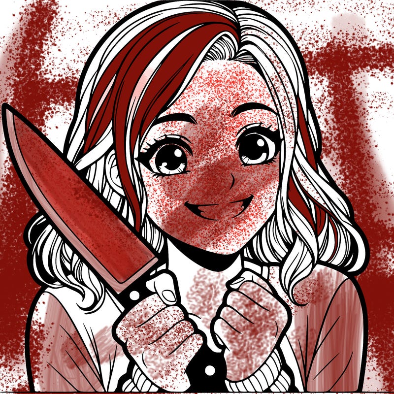 a realistic girl holding a knife and grinning