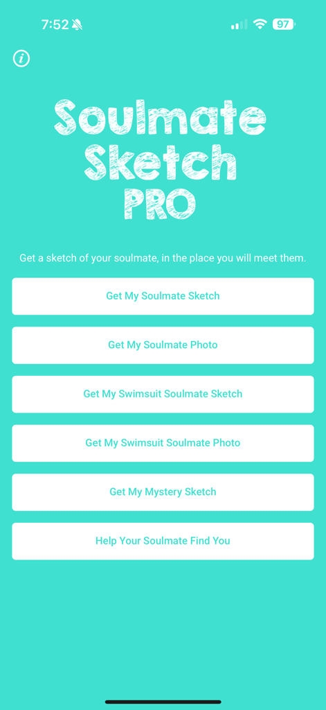Main menu of the Soulmate Sketch Pro app featuring buttons to generate AI soulmate sketches and photos on a turquoise background
