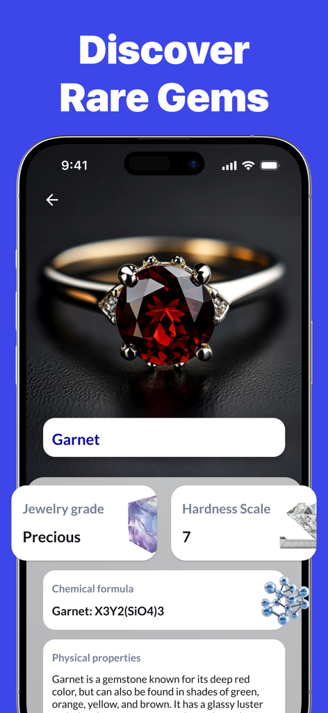 AI Scanner app interface identifying a garnet gemstone ring and displaying its jewelry grade and hardness