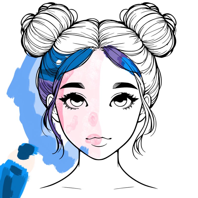 realistic girl with two buns on top of her head