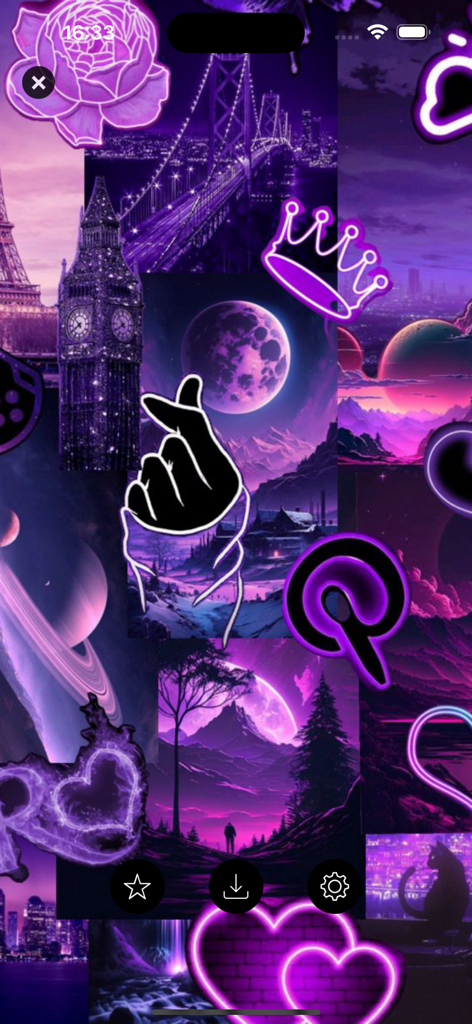 Preppy Cute Girly Wallpapers - Un fondo de pantalla preppy estético morado estilo collage con elementos de neón como una corona, un corazón con los dedos y una luna.