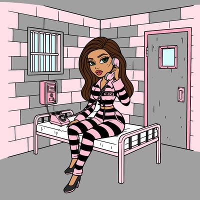 kylie jenner as a bratz/barbie doll picking up the phone in a prison cell