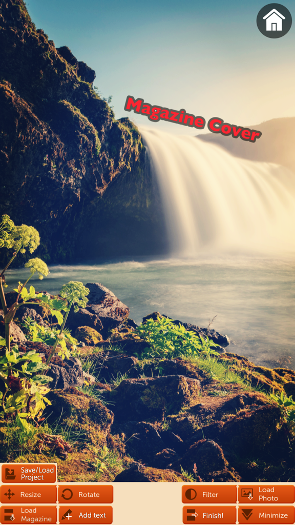 Magazine Cover - Filter, Add text style, 3D effect - Interfaz de aplicación móvil que muestra una foto de una cascada con una superposición de texto 3D de Portada de Revista y herramientas de edición en la parte inferior