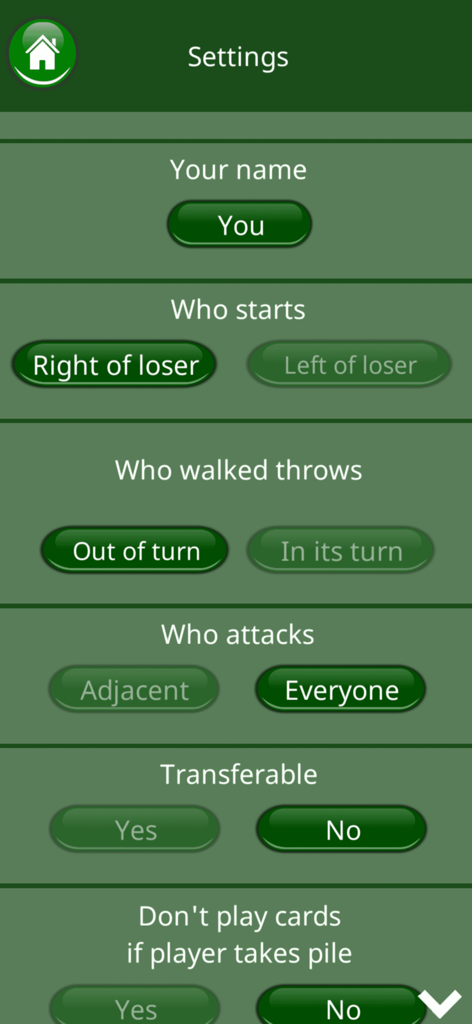 Menu de configurações do Durak Card Online Game mostrando regras personalizáveis e opções de jogadores