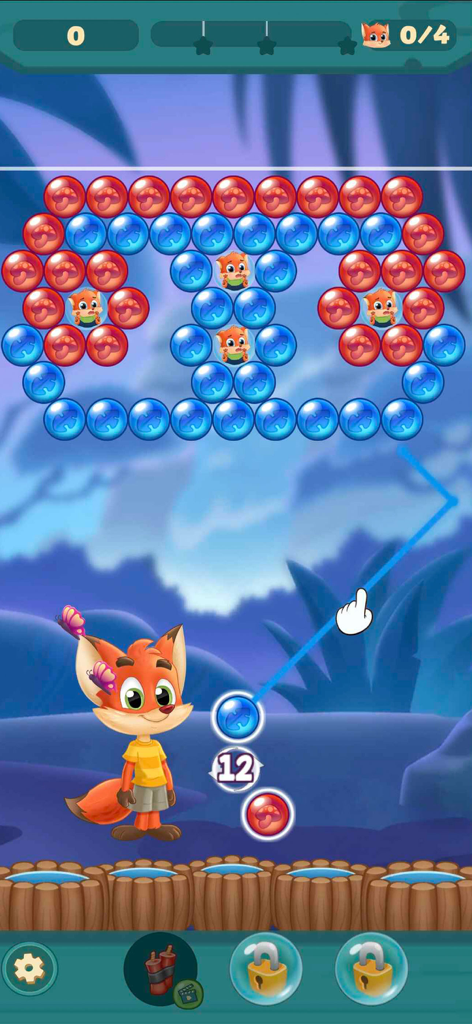 Bubble Friends Bubble Shooter - A cute fox character aims a bubble shooter at a colorful puzzle to rescue trapped baby foxes in the Bubble Friends game.