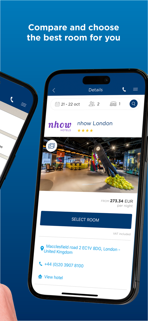 NH Hotel Group mobile app showing hotel details for nhow London