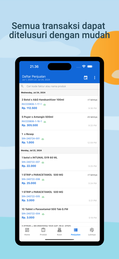 Mitra Apotek Digital - A mobile interface displaying a detailed list of pharmacy sales transactions with product names and prices