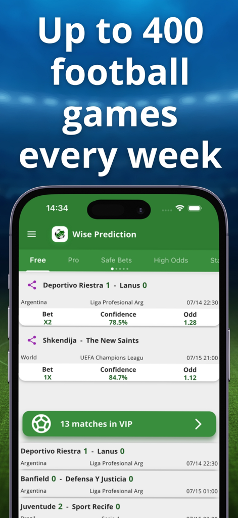 Football Betting Tips & Odds - Interfaz de la aplicación Wise Prediction que muestra consejos diarios de apuestas de fútbol con niveles de confianza de IA y cuotas de referencia
