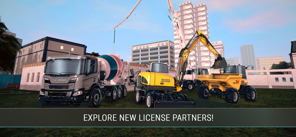 Licensed construction machines including a Scania truck and Wacker Neuson excavator on a city job site