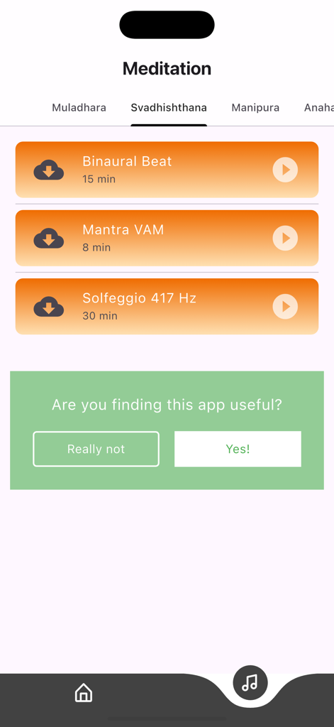 Chakras - Meditation & Healing - Interfaz de la aplicación que muestra pistas de audio de latidos binaurales y Solfeggio de 417 Hz para la meditación del chakra Svadhisthana.