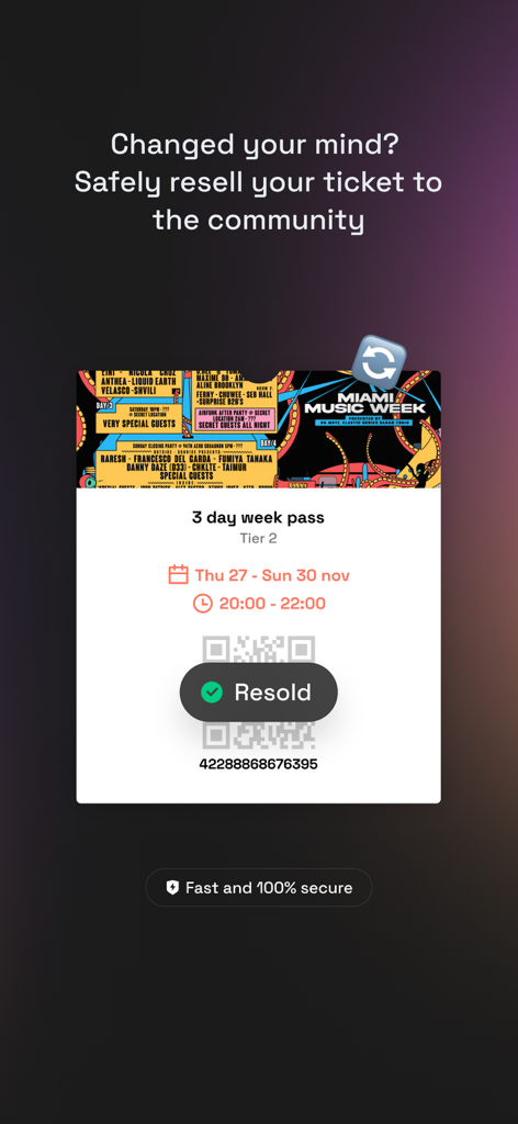 Shotgun app interface showing the secure ticket resale feature for live music events