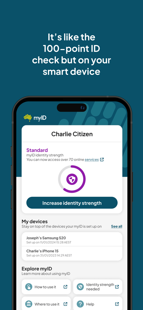 myID - Australian Government - Dashboard of the myID Australian Government app displaying identity strength and managed devices