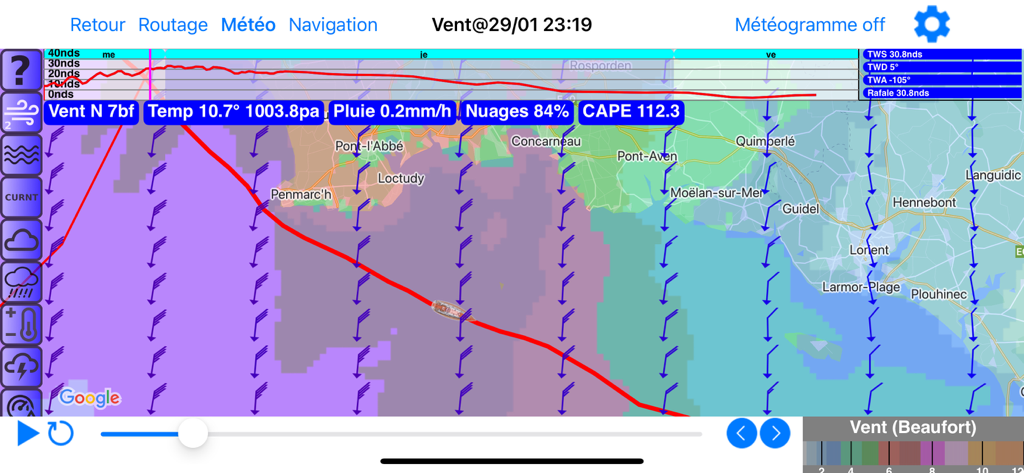 Avalon Offshore App-Oberfläche mit Marine-Wetter-Routing und Windgeschwindigkeitsdaten auf einer Küstenkarte