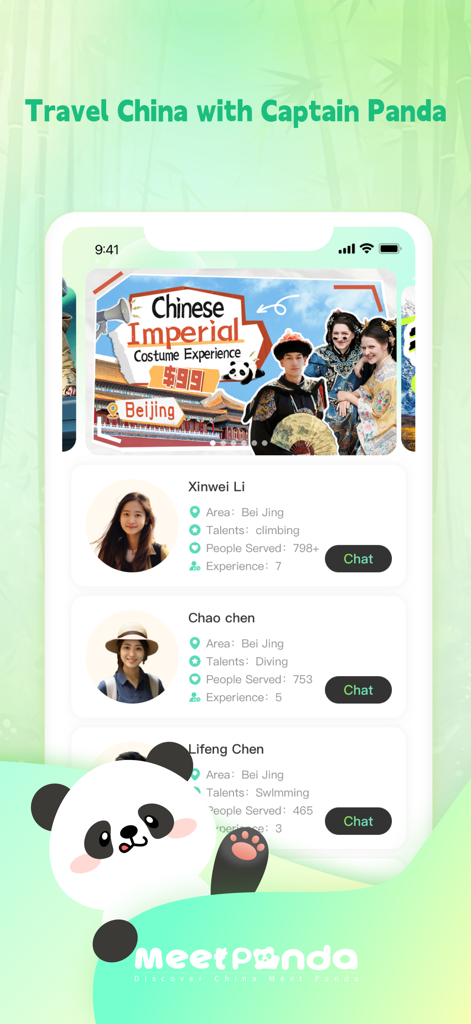 MeetPanda - China Travel Guide - MeetPanda mobile app interface showing local bilingual guides in Beijing and a cultural costume experience booking banner