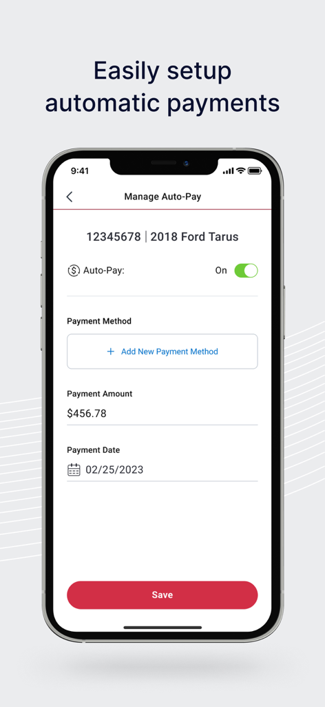 The auto-pay setup screen in the Westlake MyAccount app showing payment details for a car loan.
