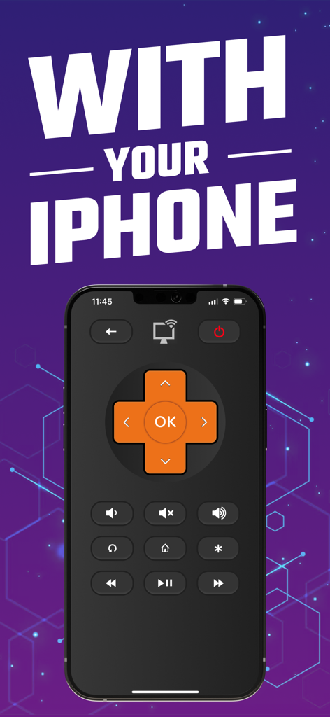Rokumote app showing a digital TV remote control on an iPhone screen.