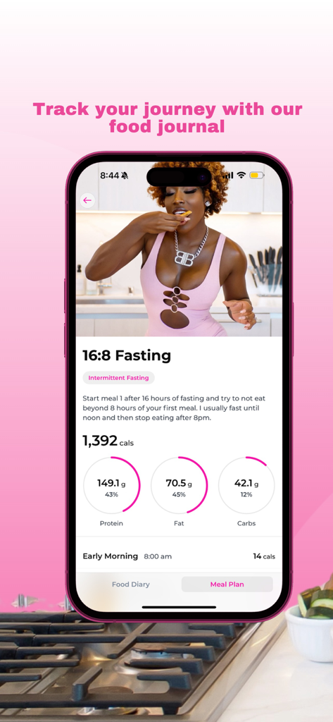 Babe Fitness by Brittne - Babe Fitness app interface showing a 16-8 intermittent fasting plan with calories and macro tracking for protein, fat, and carbs.