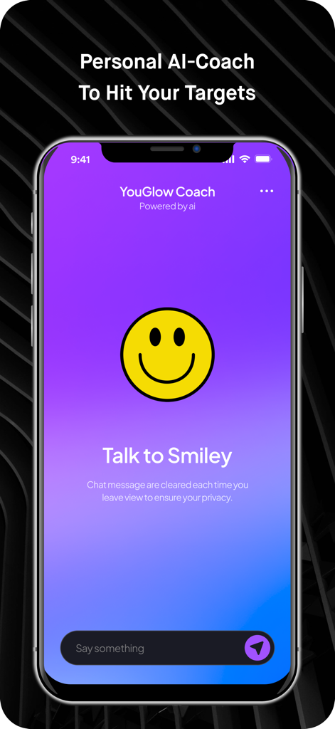 YouGlow: AI Glow-Up Coach - A smartphone displaying the YouGlow app's AI coach chat screen featuring a yellow smiley face icon and a prompt to Talk to Smiley on a purple gradient background.