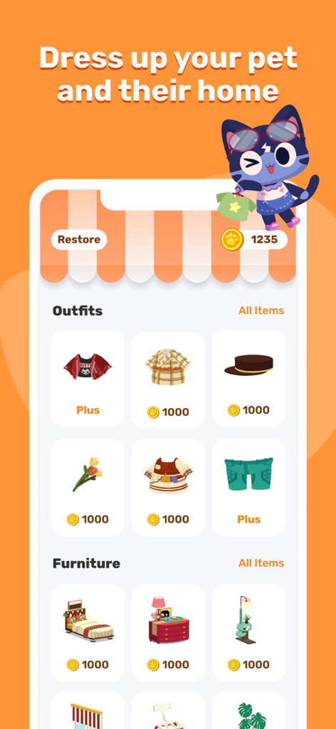 EaseMe:Self Care Pet Cat - A customization screen in the EaseMe app showing outfits and furniture for a virtual pet cat