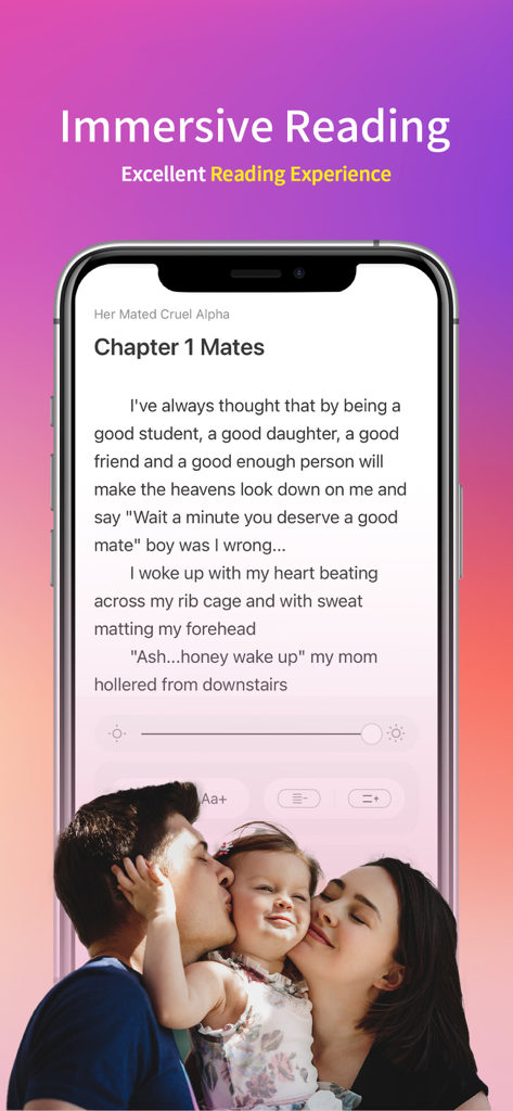 Storydo - Fiction, Story - Storydo app showing an immersive reading interface with a werewolf romance novel chapter and text customization settings.