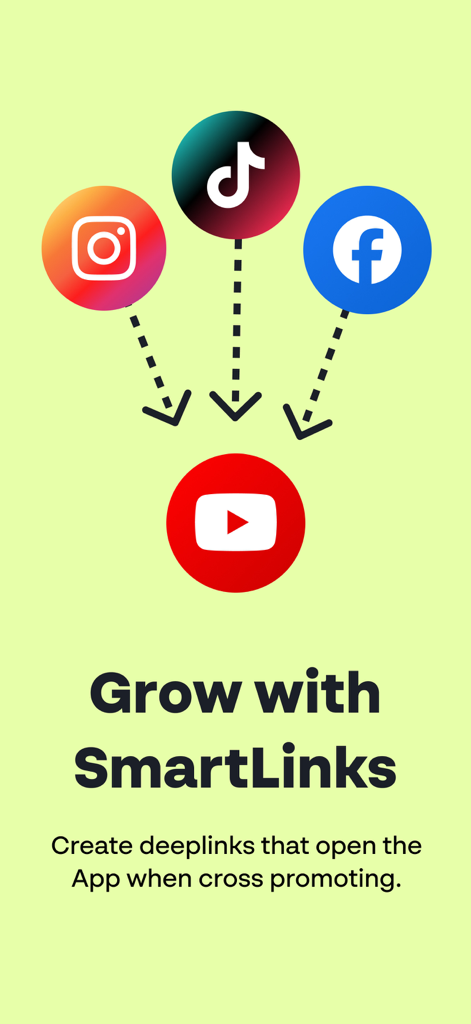 Mysocial: AI Creator Manager - Graphic explaining how to grow with SmartLinks by creating app deeplinks for cross promoting on Instagram TikTok Facebook and YouTube