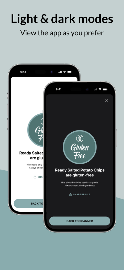 Interface of the Gluten Free Scanner app shown in both light and dark modes