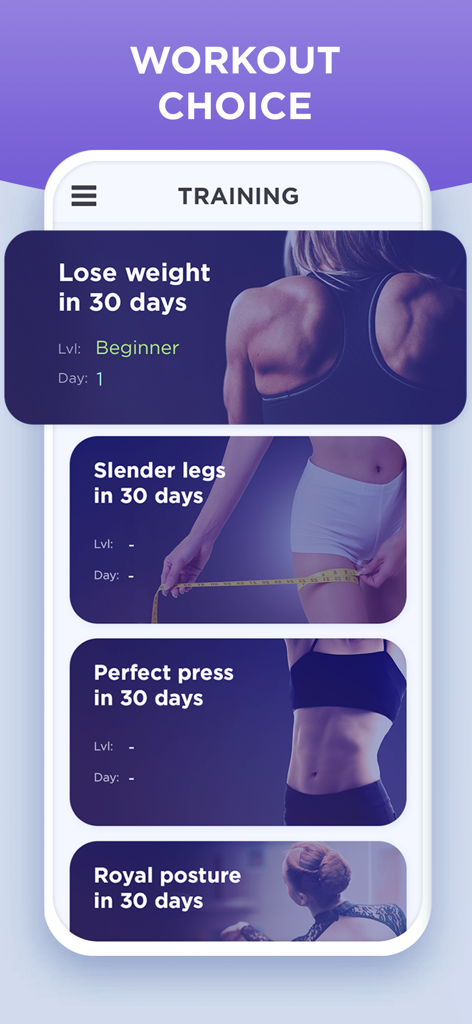 ZuFit: Home Workout for Women - ZuFit app interface showing 30-day workout challenges for women including weight loss and slender legs