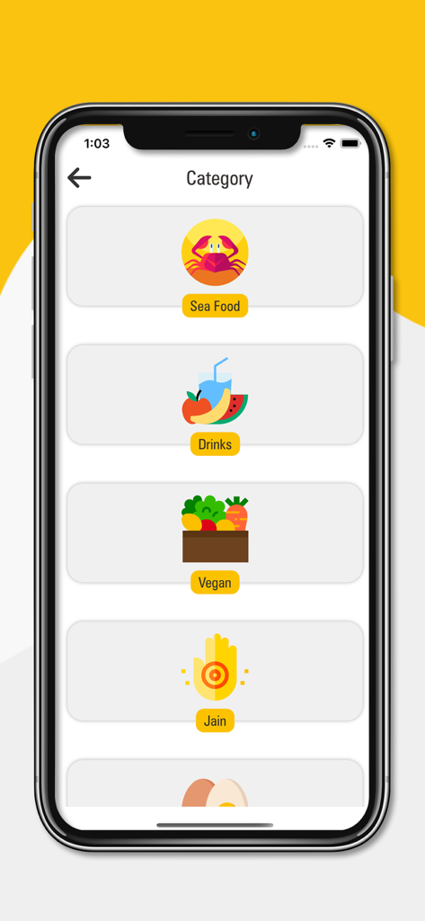 Easy Kitchen Recipes - Easy Kitchen Recipes app category screen showing seafood drinks vegan and jain recipe sections