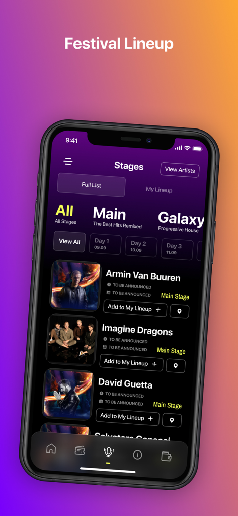 Untold Festival mobile App zeigt den Bereich mit den Bühnen und dem Line-up mit Künstlerplänen wie Armin Van Buuren und David Guetta