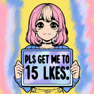 realistic girl holding up a sign that says “pls get me to 15 likes!”