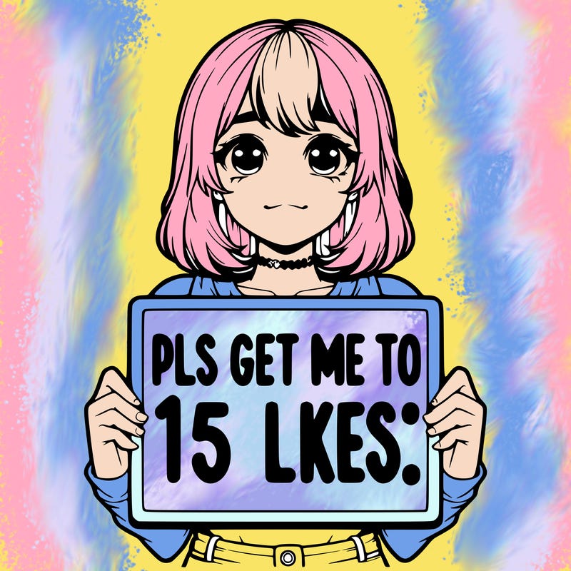 realistic girl holding up a sign that says “pls get me to 15 likes!”