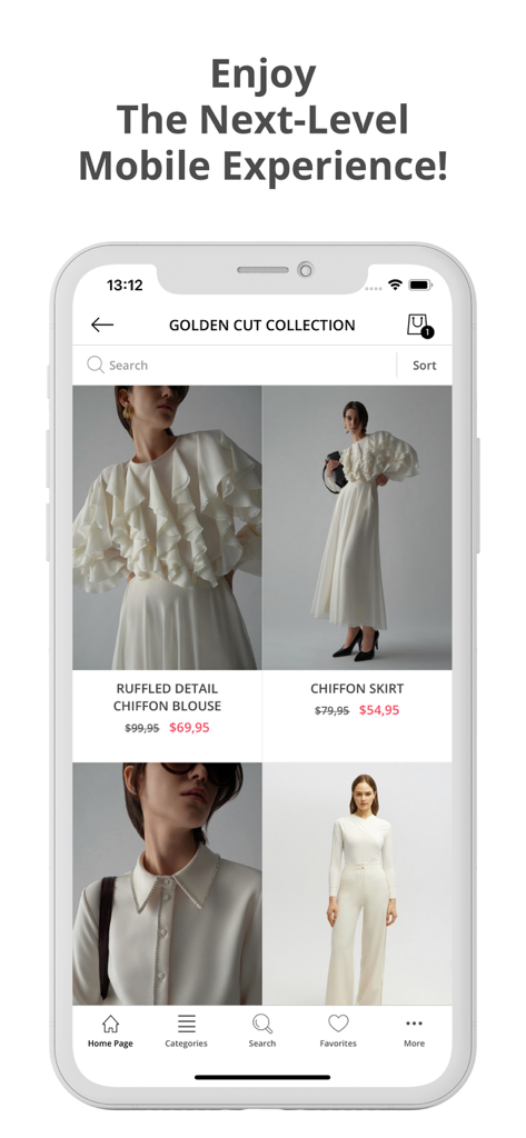 Touché Privé International - Mobile application interface for Touche Prive International showing the Golden Cut Collection with modest fashion items like ruffled blouses and chiffon skirts.