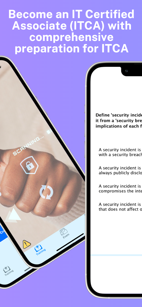 iPhone screens showing ISACA ITCA exam practice questions and training modules.